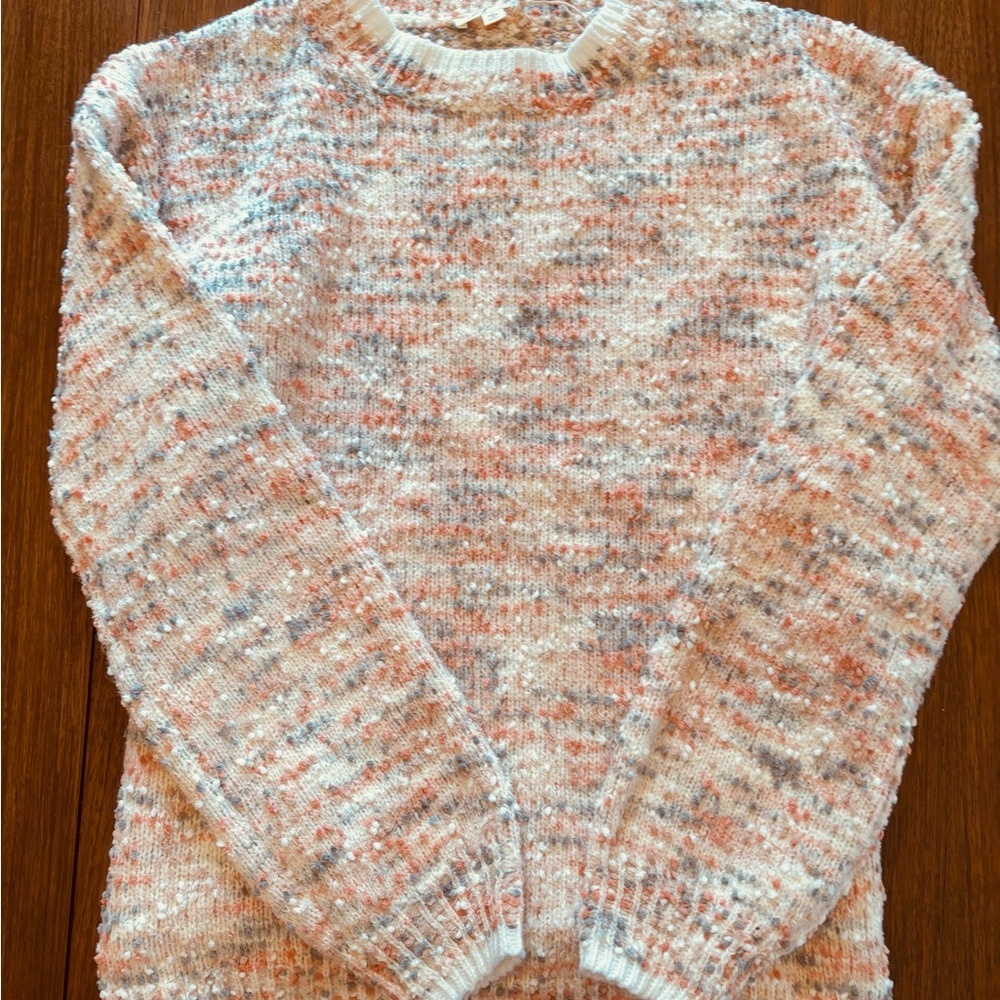 White and Orange Crew Neck Sweater with Textured Finish
